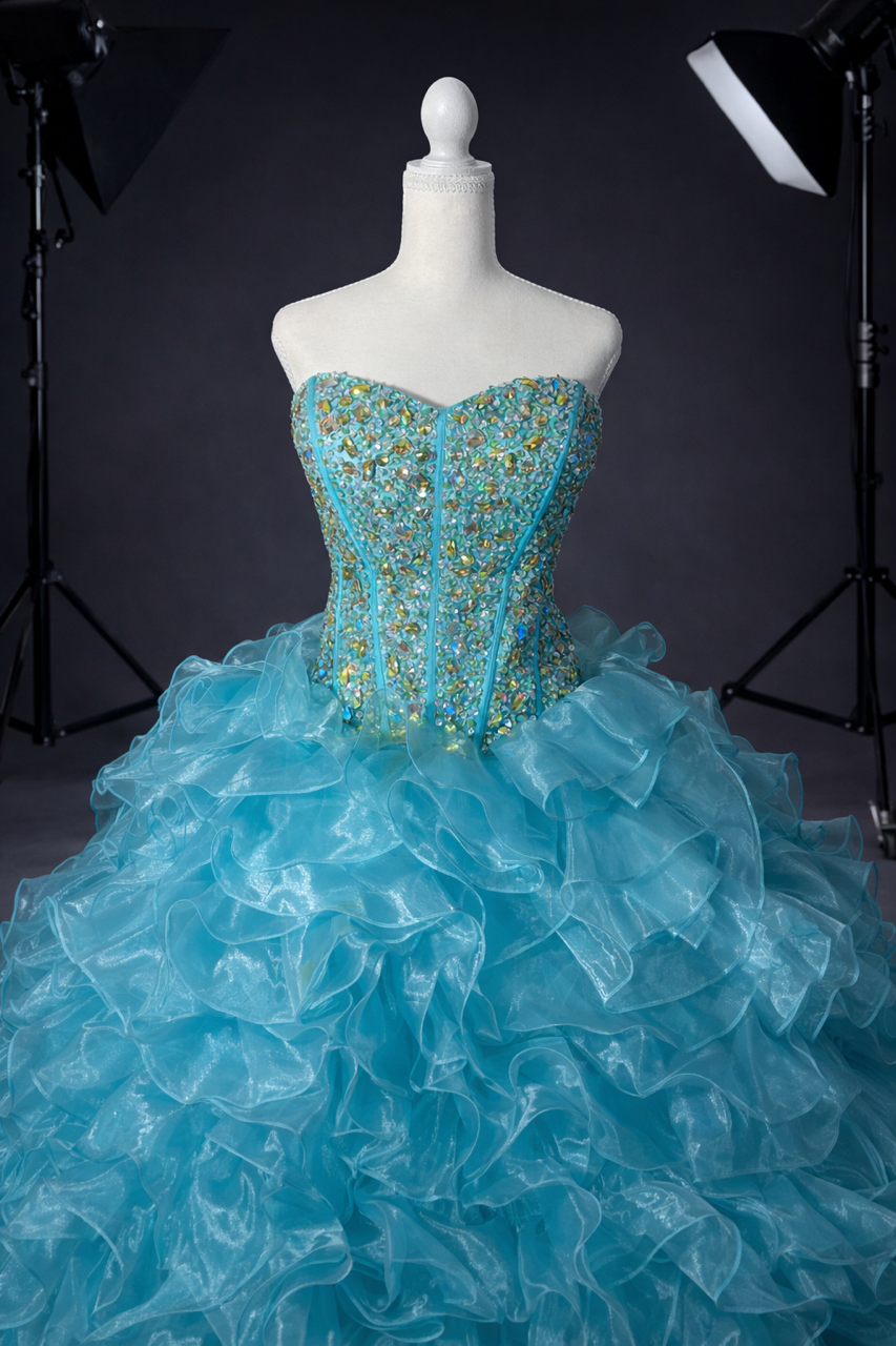 Aqua Princess – Luxury Aqua Quinceañera Dress Rental