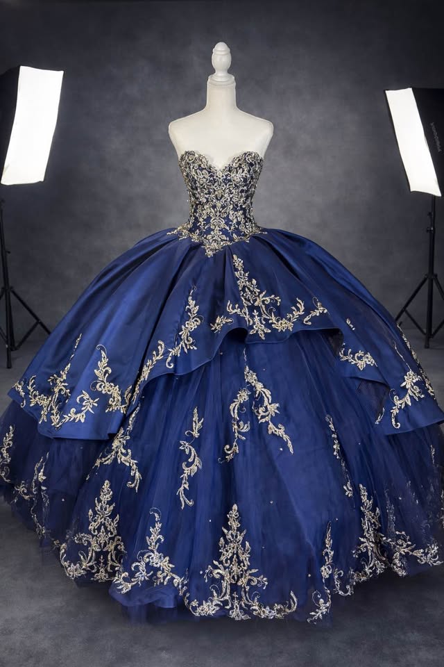 Royal Sapphire – Luxury Blue & Gold Quinceañera Dress Rental